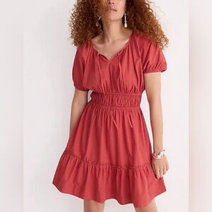J. Crew Cinch Waist Puff Sleeve 100% Cotton Mini Dress Blush Red Size Medium